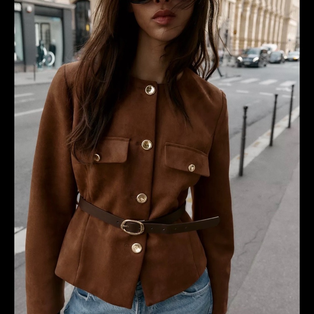 Zara Brown Suede Belted Blazer - Picture 4 of 8